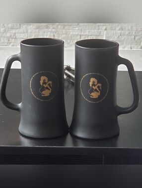2 Vintage Playboy Club Logo Matte Black Glass Mug Beer Stein Gold Playboy Bunny